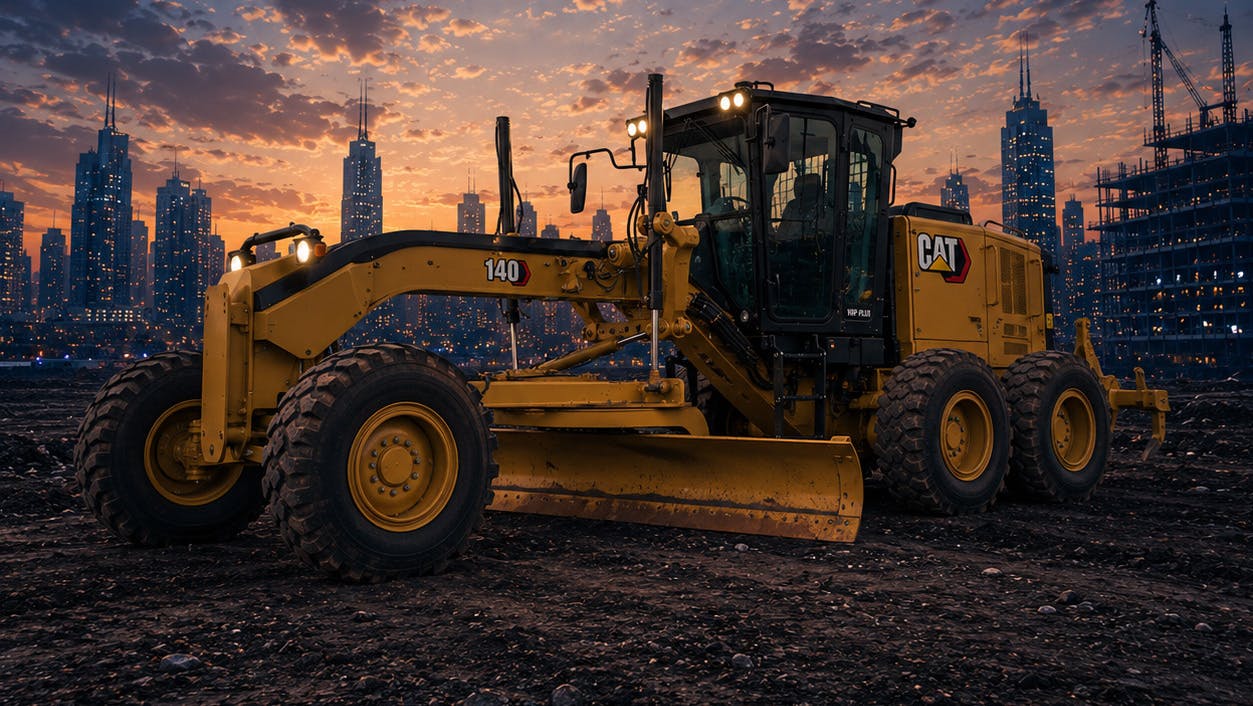A digital Cat motor grader at BLC Plant, which is a large South African earthmoving equipment dealer based in Johannesburg.