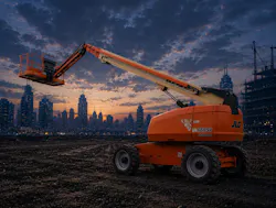 Digital JLG 66OSJ telescopic boom lift on a digital construction site.