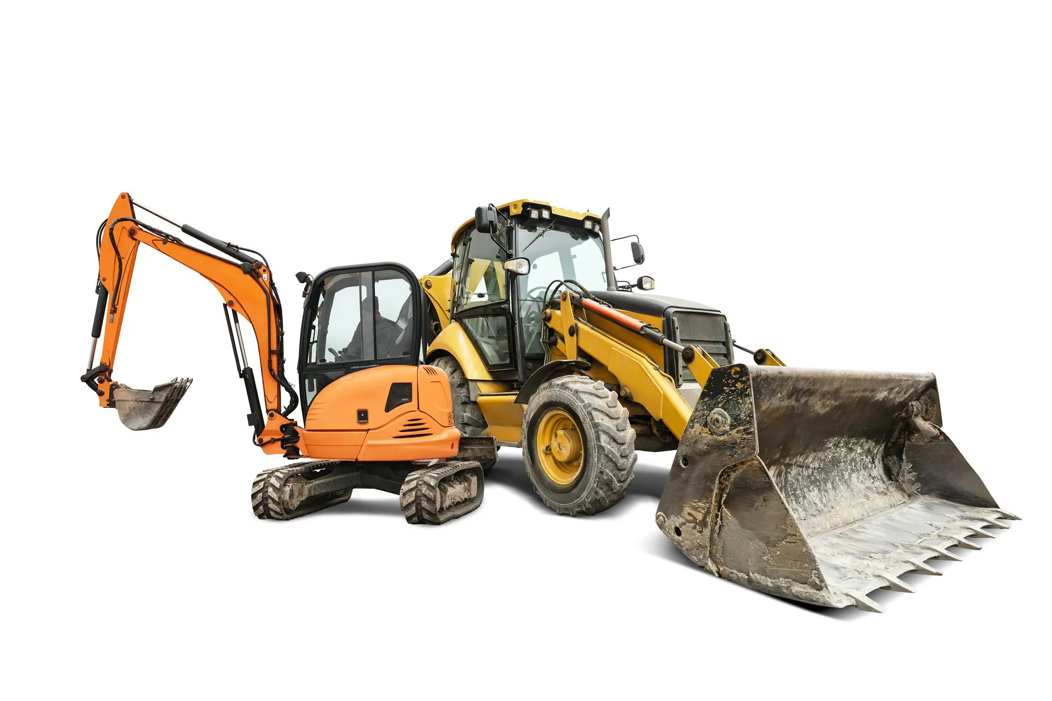 Heavy construction equipment is shown against an isolated background: an excavator, a backhoe loader, and a bulldozer are available for rent.