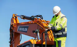 Leica MC1 3D Machine Guidance System being installed on a Develon excavator.