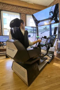 CM Labs Trimble Autos for Excavators. Man operates a simulator.