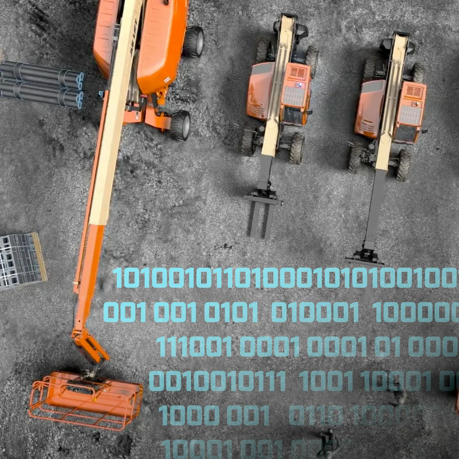 JLG boom lifts with 1s and 0s, representing IoT and telematics.
