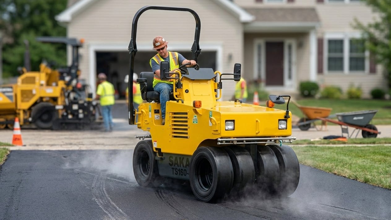 Sakai TS160-4 pneumatic tire roller compacting a driveway.