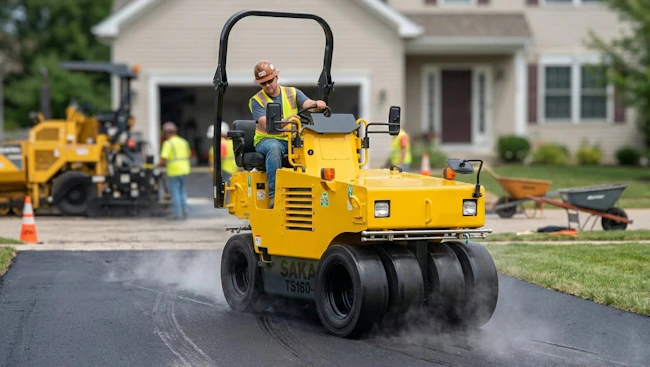 Sakai TS160-4 pneumatic tire roller compacting a driveway.