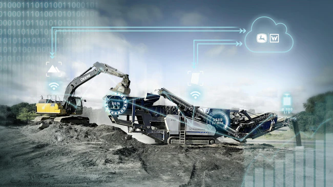 John Deere and Wirtgen telematics. Excavator and a crusher work together as data streams above.