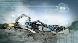 John Deere and Wirtgen telematics. Excavator and a crusher work together as data streams above.