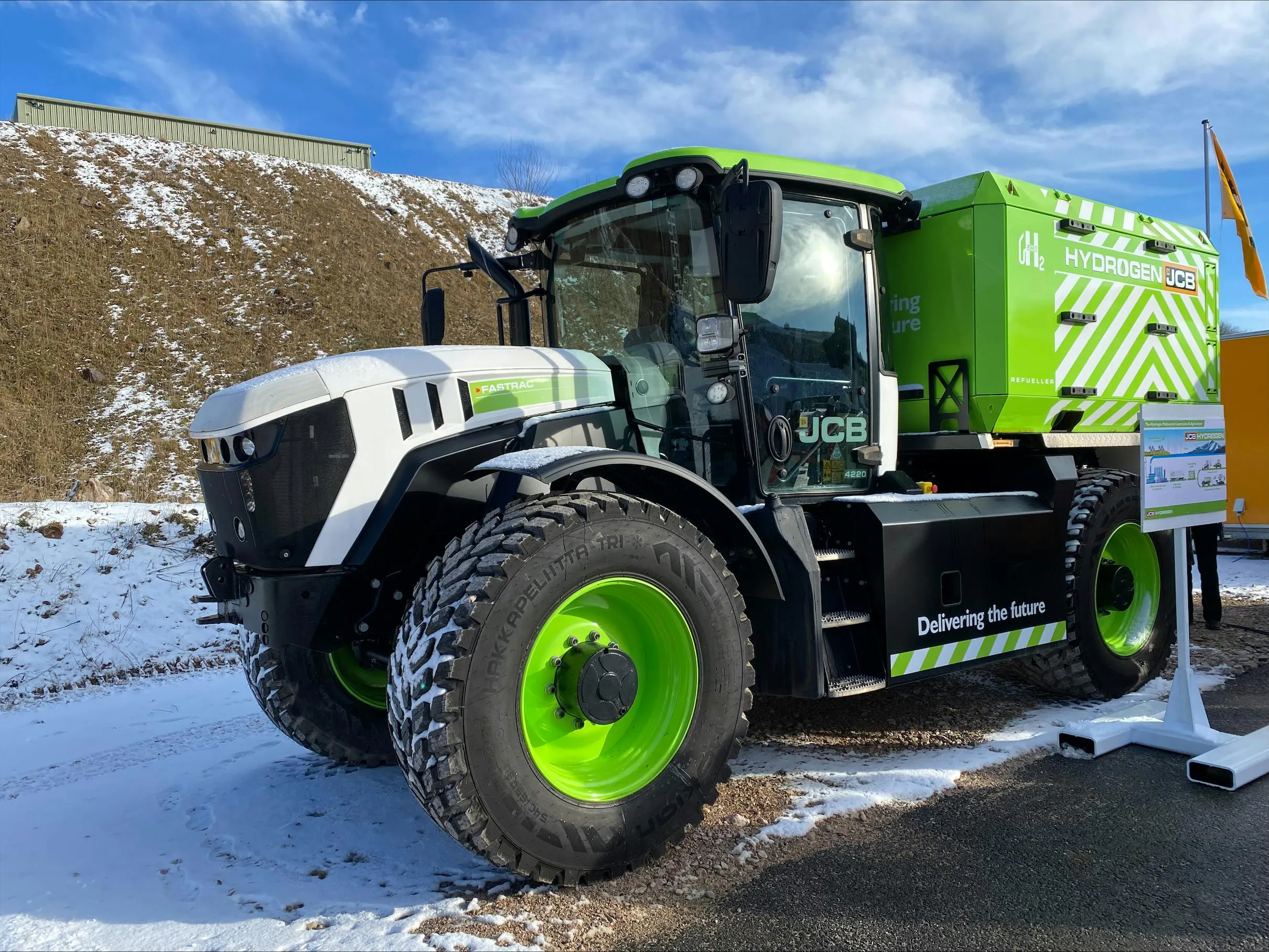 JCB hydrogen refueling truck in a snowy quarry in England.