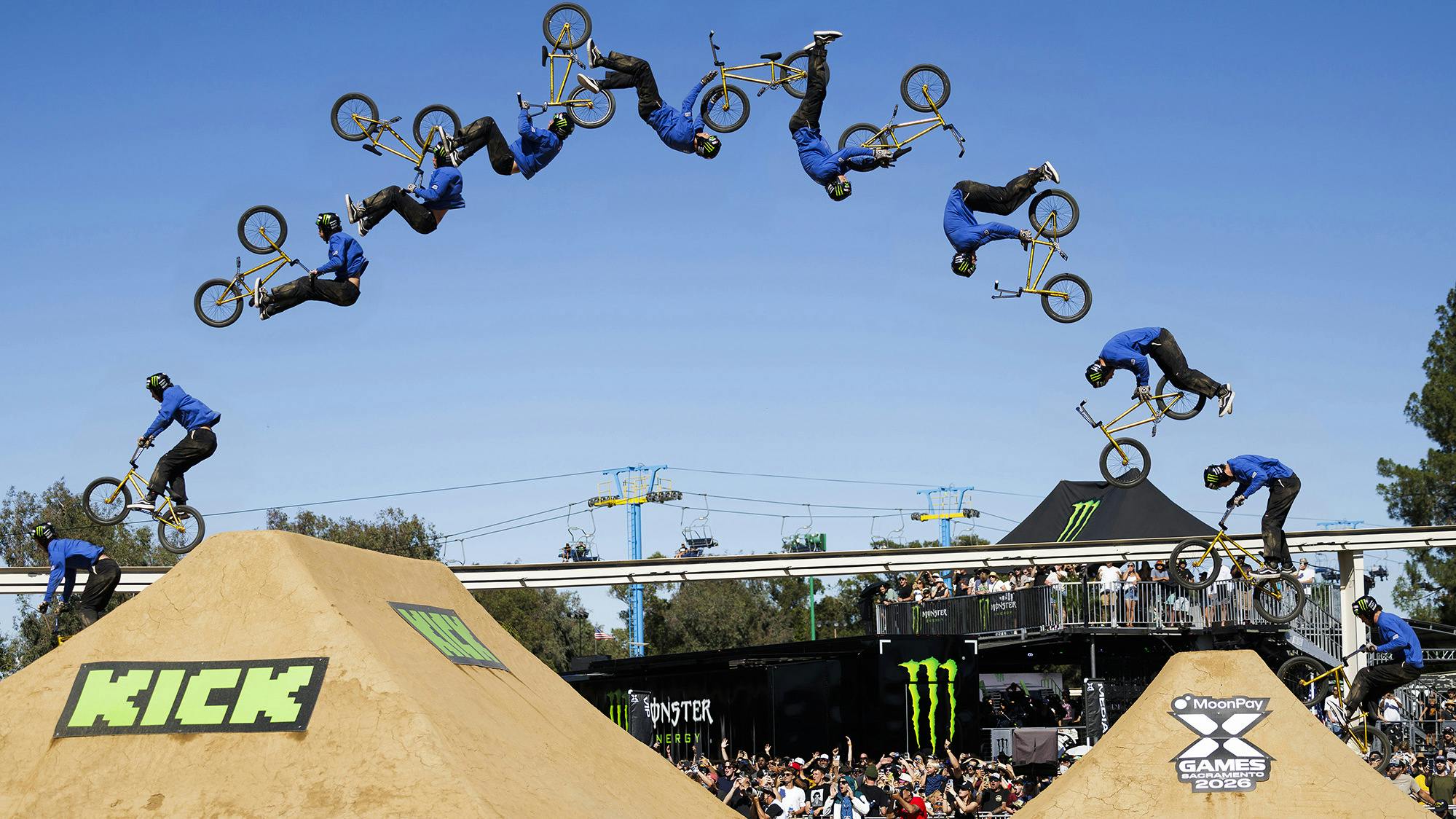 Ryan Williams takes flight during Men&rsquo;s BMX Dirt Best Trick at the 2026 X Games in Sacramento, California.
