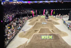 Brandon Loupos catches air during Men’s BMX Dirt at the 2026 X Games League championship in New Orleans. Loupos finished seventh in BMX Dirt and later won gold in BMX Dirt Best Trick.