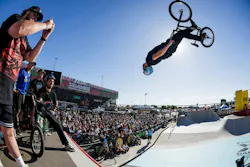 Justin Dowell flies through the Men’s BMX Park competition at the 2026 X Games in Sacramento, where he won gold with a score of 97.00