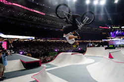 Marcus Christopher goes upside down during the Men’s BMX Park at the 2026 X Games League championship in New Orleans, where he earned bronze with a best score of 90.00.