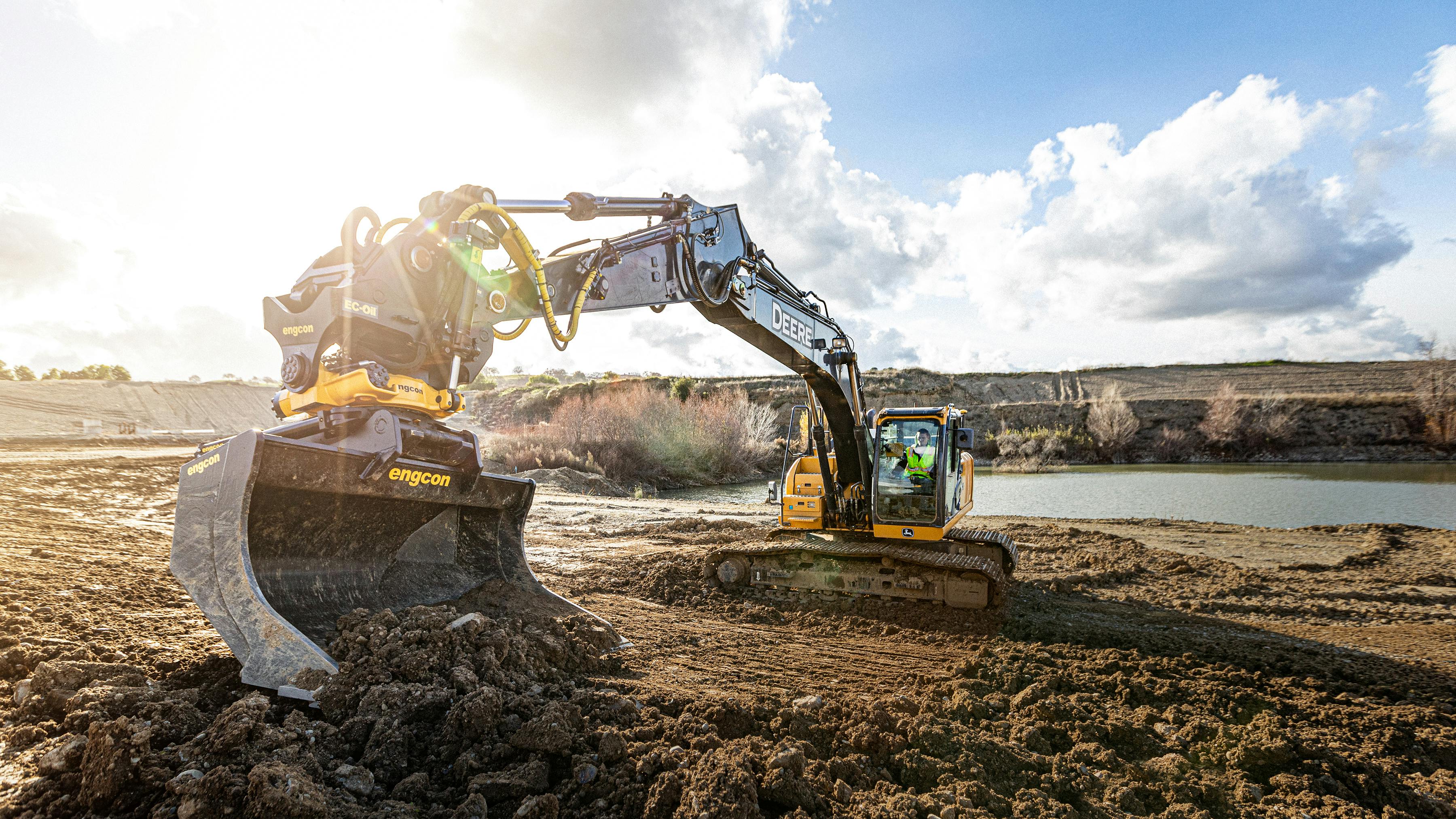 A Topcon MC-Max grade control excavator module being used with an Engcon tiltrotator.