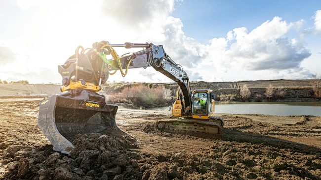 A Topcon MC-Max grade control excavator module being used with an Engcon tiltrotator.