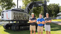 John Deere Building America Contest. Three finalists stand in from of a John Deere excavator.