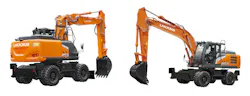 Hitachi ZX180W-7 and ZX220W-7 wheeled excavators on a white background.