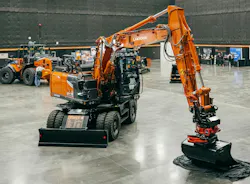 Landcros Hitachi ZX180W-7 wheeled excavator sitting at the 2026 dealer meeting