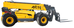 AXCS TH-1256 telehandler studio shot with boom down, from the side.