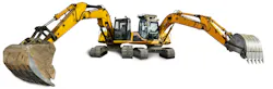 Two big excavators reaching out crop