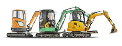 Three mini excavators on a white background.