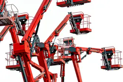 Red boom lifts on a white background.