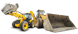 Backhoe loader and a wheel loader a white background