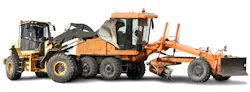 Wheel loader and a grader on a white background