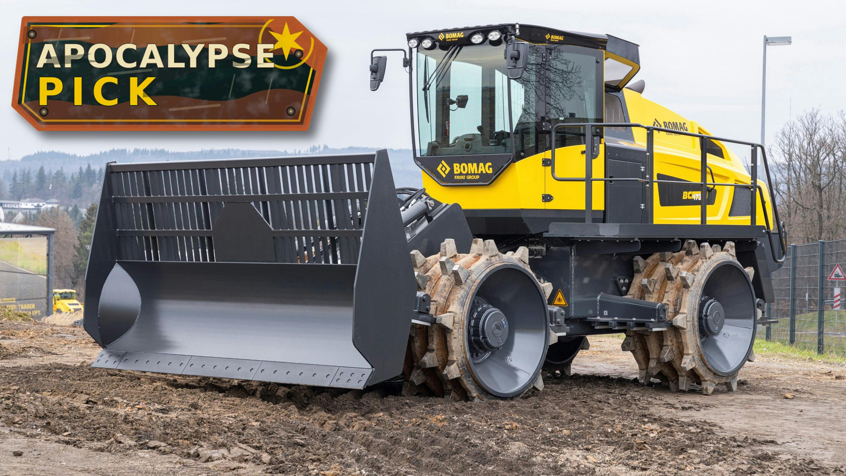 Bomag BC 473_6 compactor sitting outside with Apocalypse pick badge