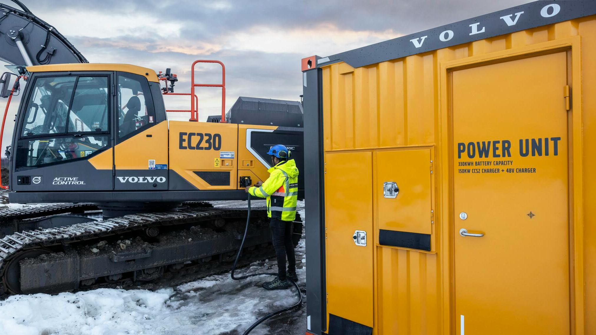Volvo electric excavator plugged in