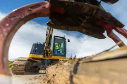 Cat 308 CR Fixed Boom Mini Excavator grapple attachment up close