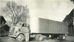 An Omaha Standard truck body sits on a cab-over-engine chassis.
