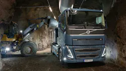 Volvo loader and truck in mine