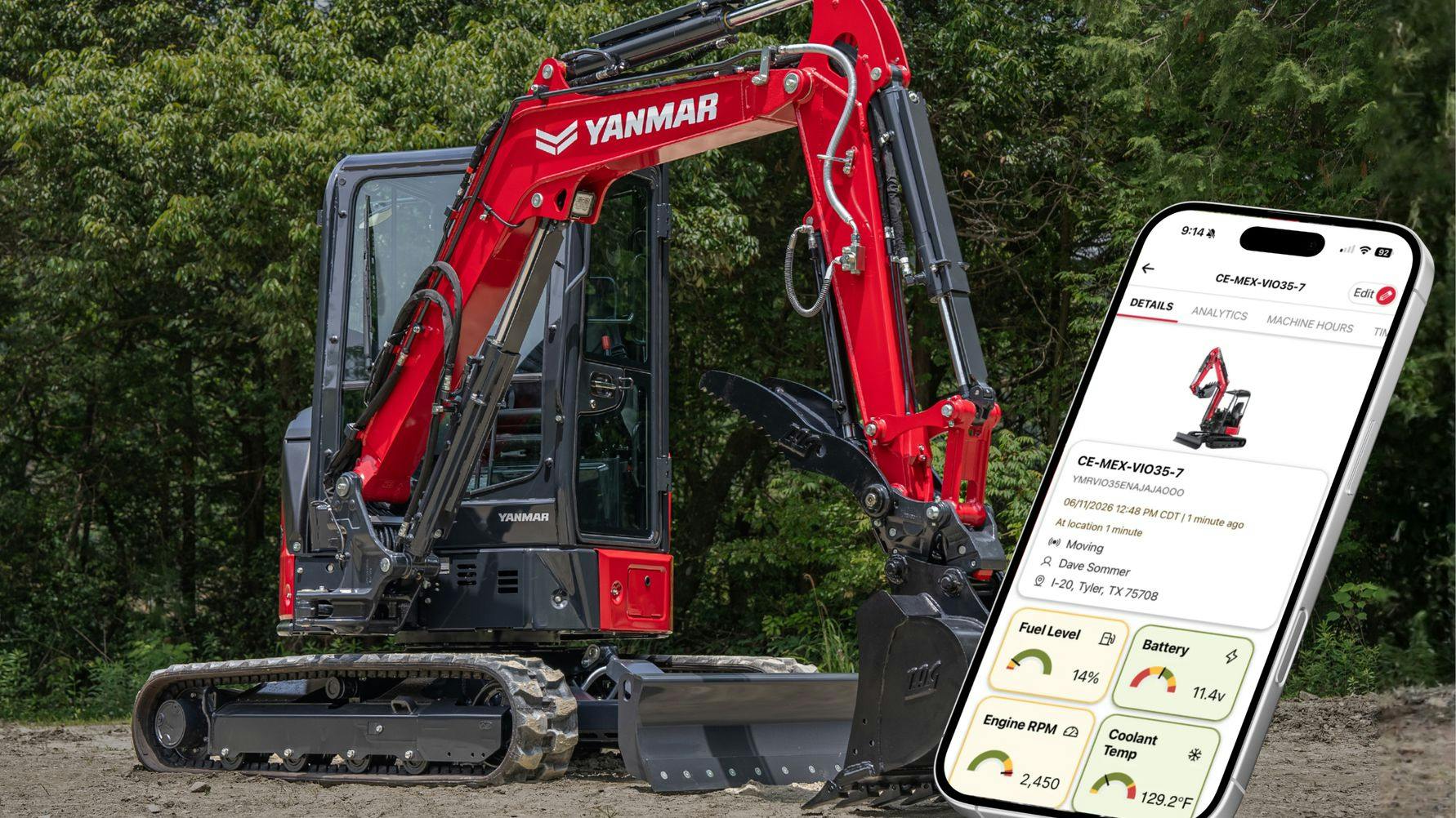 A Yanmar excavator sits behind a big phone, symbolizing the Yanmar SmartAssist Remote telematics platform .