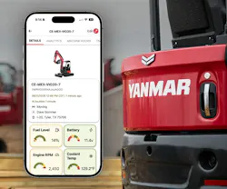 Yanmar Compact Construction Equipment SmartAssist Remote is shown on a phone next to a mini excavator.