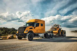 Volvo's VNX 640 vocational truck with a VCE loader on a lowboy.